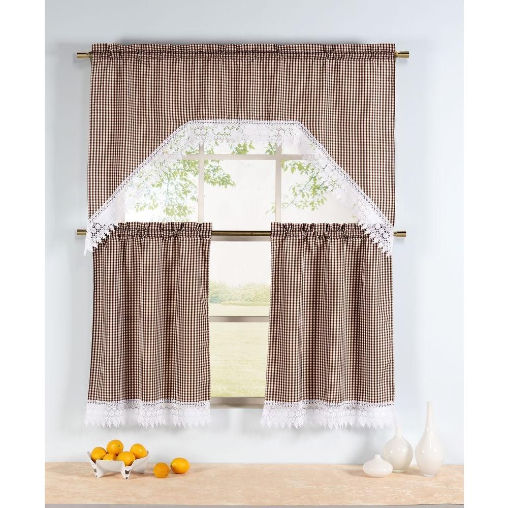 Window Elements Semi Opaque Checkered Chocolate Embroidered 3 Piece Kitchen  Curtain Tier And Valance Set With Wallace Window Kitchen Curtain Tiers (View 18 of 20)