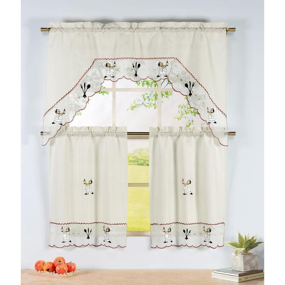 Window Elements Semi Opaque Wine Chef Embroidered 3 Piece Kitchen Curtain  Tier And Valance Set For Kitchen Curtain Tiers (View 1 of 20)