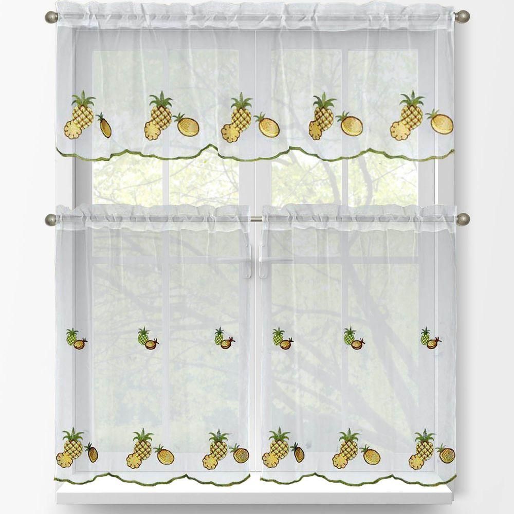 Window Elements Sheer Pineapple Embroidered 3 Piece Kitchen Curtain Tier  And Valance Set In Embroidered Rod Pocket Kitchen Tiers (Photo 11 of 20)
