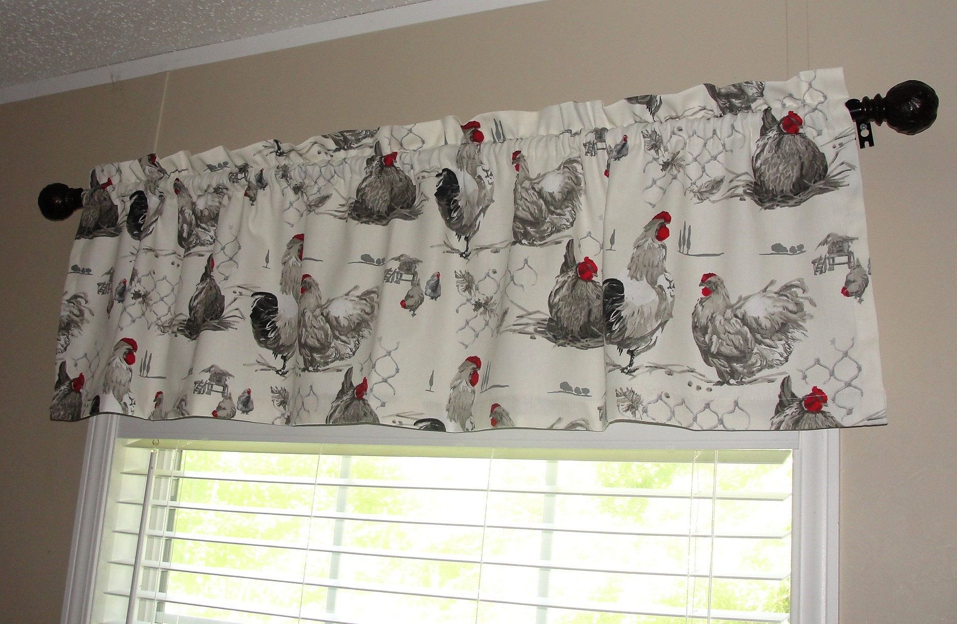 Window Valance Shades Of Gray Roosters Kitchen Valance Gray Grey Red White Intended For Barnyard Buffalo Check Rooster Window Valances (Photo 16 of 20)