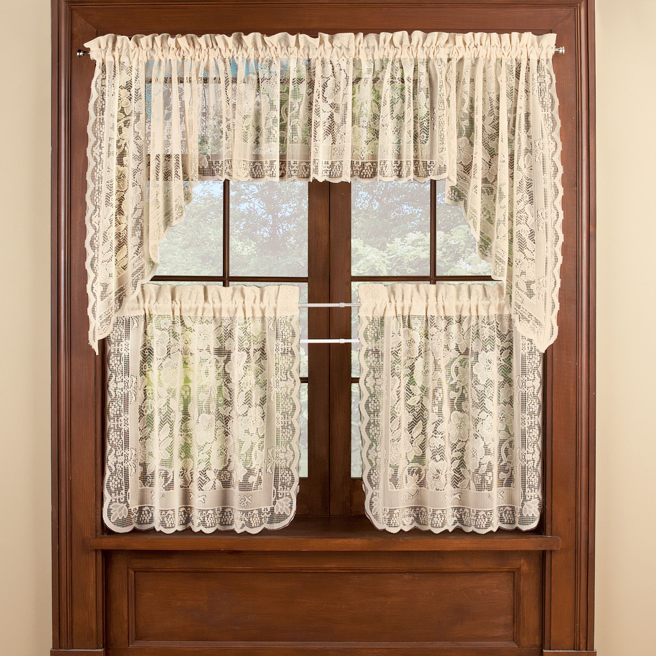 Windsor Lace Cafe Curtain Tier Set With Regard To Floral Lace Rod Pocket Kitchen Curtain Valance And Tiers Sets (View 10 of 20)