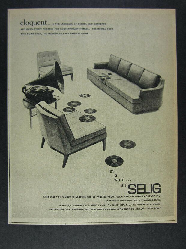 1962 Selig Barrel Sofa & Triangular Back Armless Chair Vintage Print Ad With Ronda Barrel Chairs (View 6 of 20)
