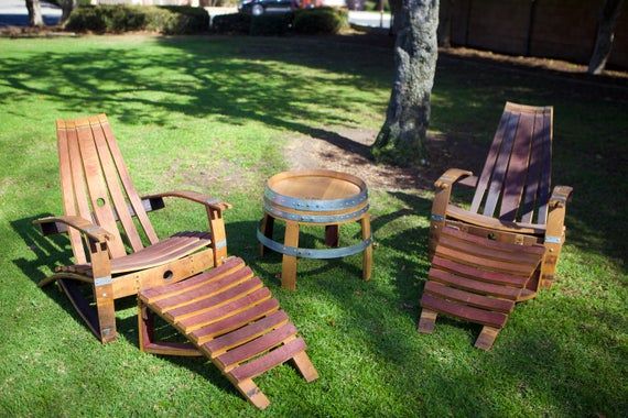 2 Wine Barrel Adirondack Chairs & Side Table Set Plus 2 Ottomans Pertaining To Ronda Barrel Chairs (Photo 17 of 20)