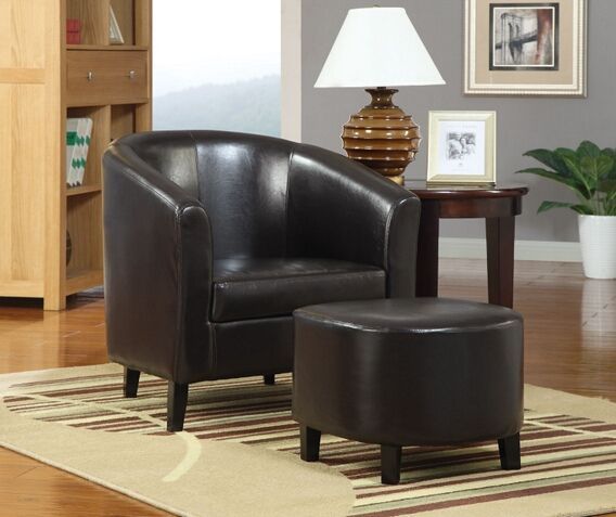 900240 2 Pc Winston Porter Hysell Brown Faux Leather Barrel In Faux Leather Barrel Chair And Ottoman Sets (Photo 17 of 20)