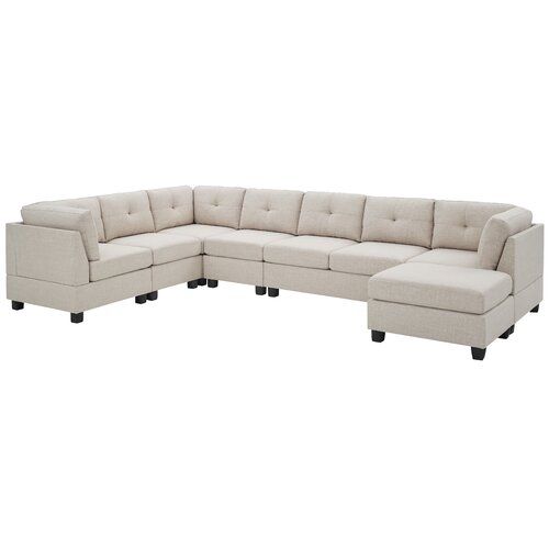 Aelber 118" Wide Reversible Modular Sofa & Chaise Sectional With Ottoman With Regard To Annegret Faux Leather Barrel Chair And Ottoman Sets (Photo 19 of 20)