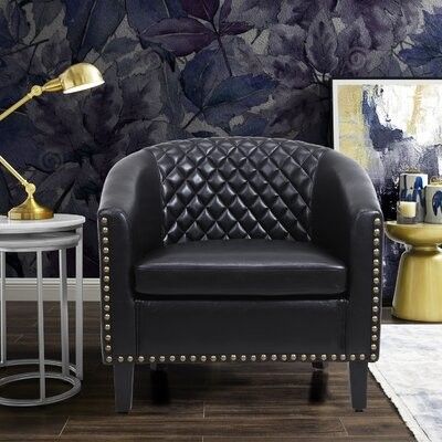 Alexeus 29.1" W Tufted Faux Leather Barrel Chair Fabric: Black Faux Leather Regarding Ansar Faux Leather Barrel Chairs (Photo 16 of 20)