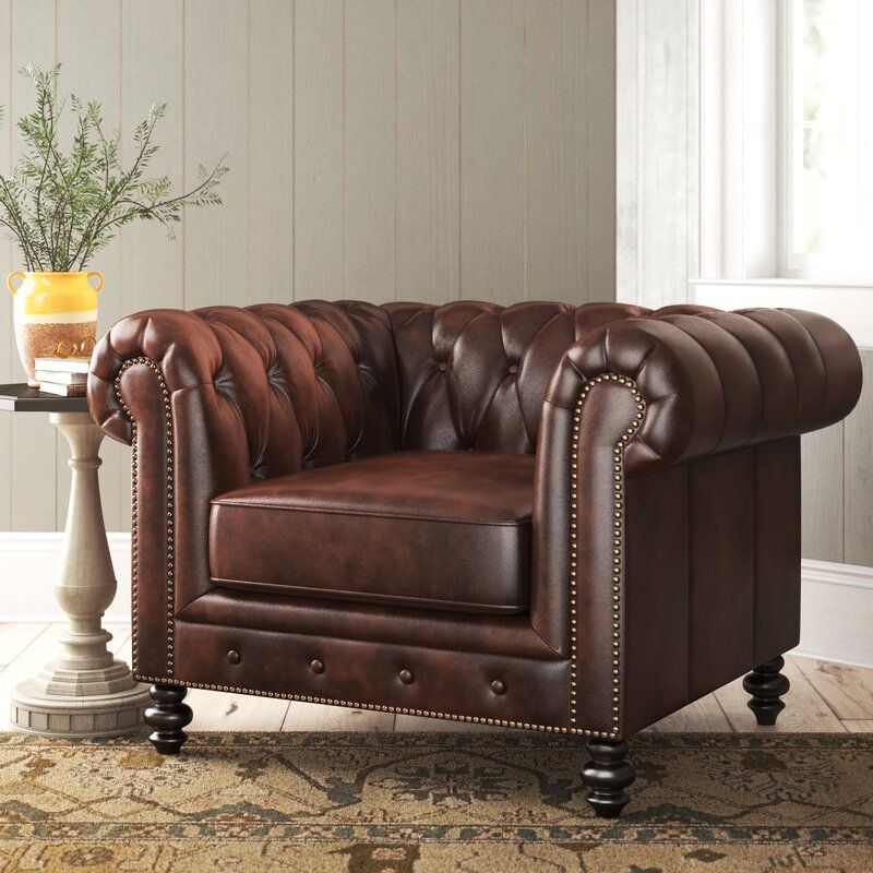 Eufaula 44" W Tufted Top Grain Leather Chesterfield Chair Within Sheldon Tufted Top Grain Leather Club Chairs (Photo 6 of 20)