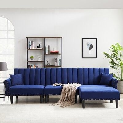Glascock 118" Velvet Reversible Sleeper Sofa & Chaise With Ottoman Fabric:  Navy Blue Pertaining To Hallsville Performance Velvet Armchairs And Ottoman (View 18 of 20)
