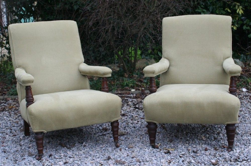 Good Pair Victorian Open Arm Deep Seated Walnut Armchairs Throughout Reynolds Armchairs (View 18 of 20)