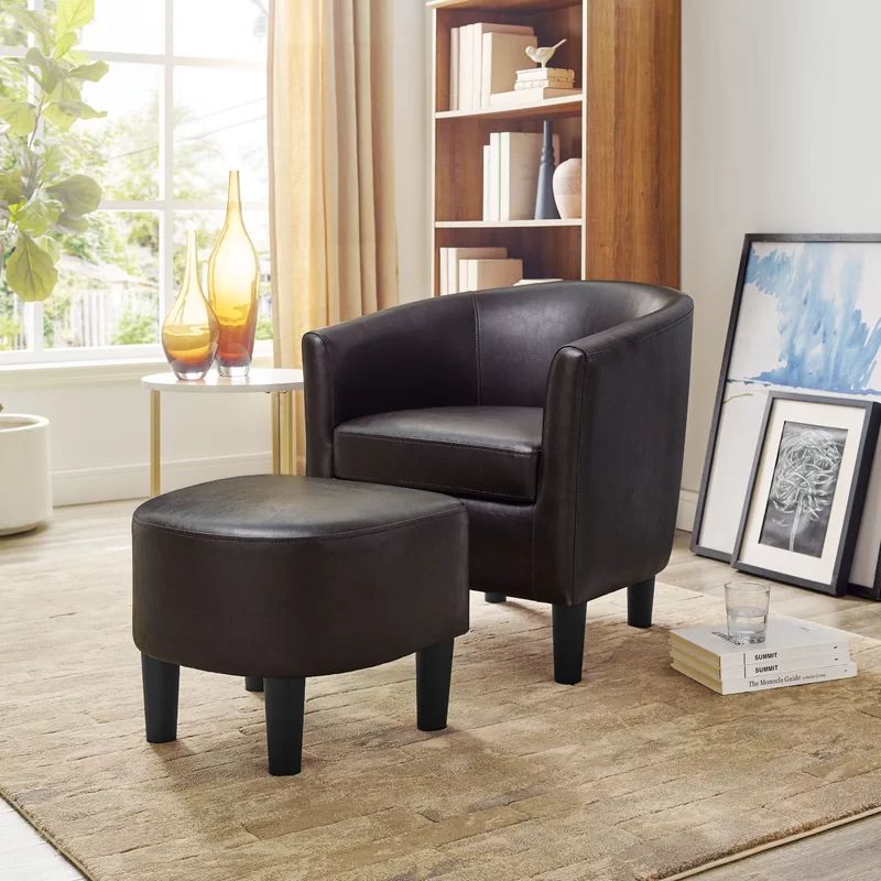 Lucea 25.5" W Faux Leather Barrel Chair And Ottoman | Barrel With Regard To Lucea Faux Leather Barrel Chairs And Ottoman (Photo 3 of 20)