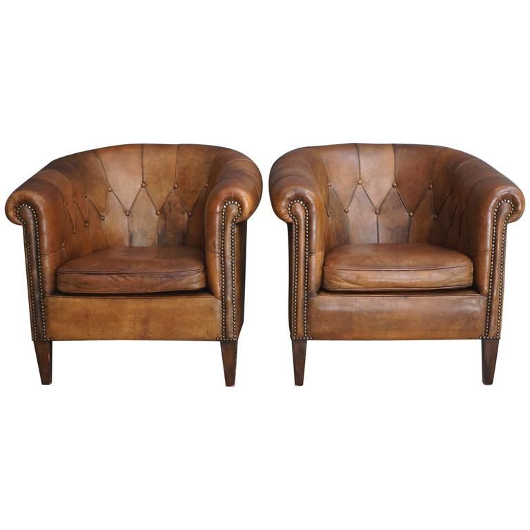 Pair Of Vintage Cognac Leather Club Chairs | Small Leather Inside Sheldon Tufted Top Grain Leather Club Chairs (View 15 of 20)