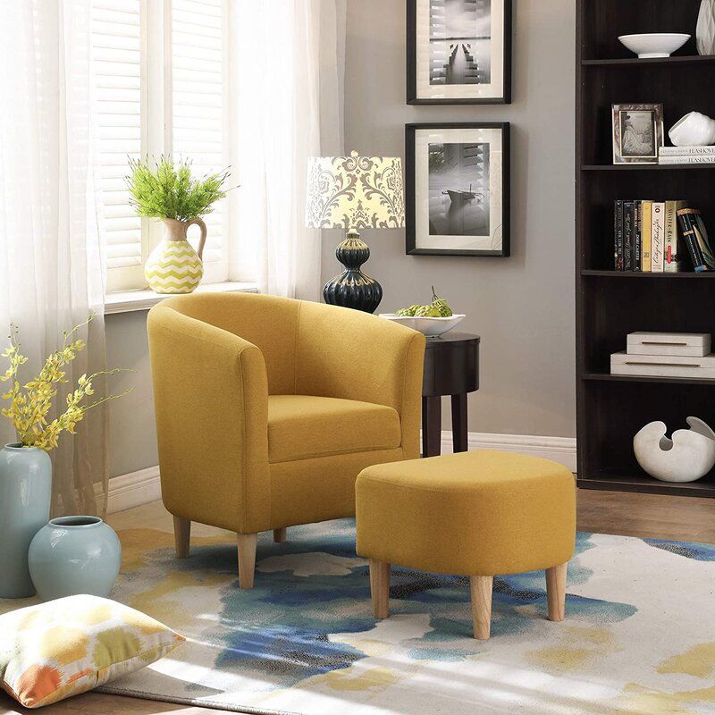 Red Barrel Studio Modern Accent Chair, Upholstered Arm Chair Linen Fabric  Single Sofa Chair With Ottoman Foot Rest Mustard Yellow Throughout Munson Linen Barrel Chairs (View 13 of 20)
