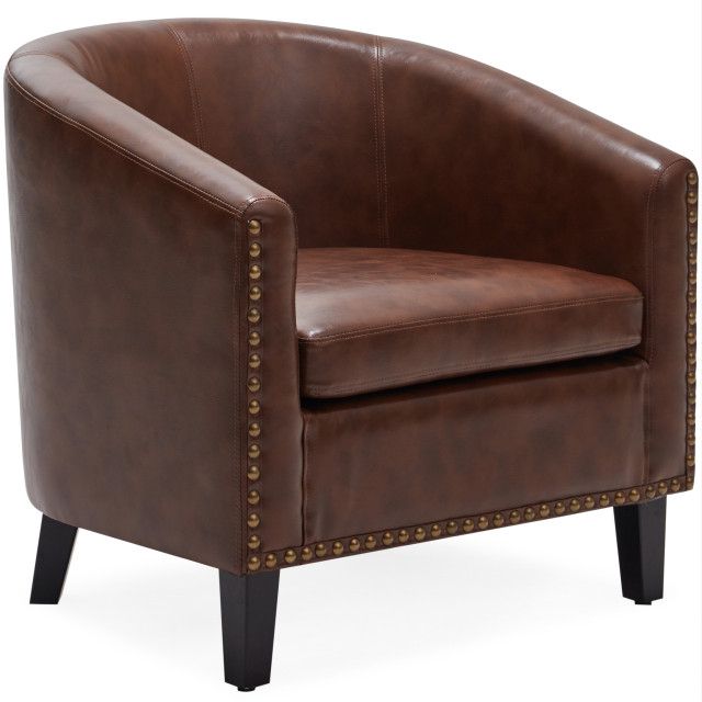 Tub Barrel Accent Chair Faux Leather, Brown Pertaining To Faux Leather Barrel Chairs (View 2 of 20)