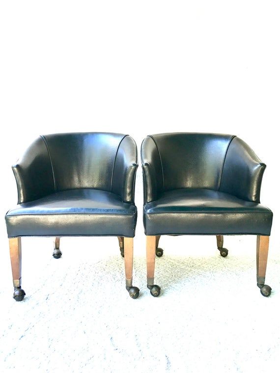 Vintage Black Rolling Club Chairs | Black Faux Leather Arm Chairs | Black  Barrel Back Chairs On Wheels| Mid Century Club Chairs| Brass Tacks Intended For Montenegro Faux Leather Club Chairs (Photo 7 of 20)