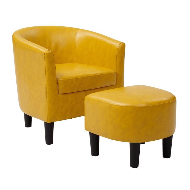 Yl Grand Jazouli Faux Leather Barrel Accent Chair And Ottoman In Yellow Regarding Faux Leather Barrel Chairs (Photo 12 of 20)