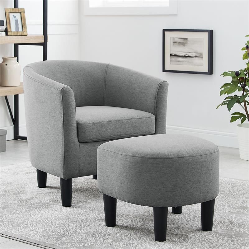 Yl Grand Jazouli Wood And Microfiber Barrel Accent Chair And Ottoman Gray Pertaining To Jazouli Linen Barrel Chairs And Ottoman (Photo 12 of 20)