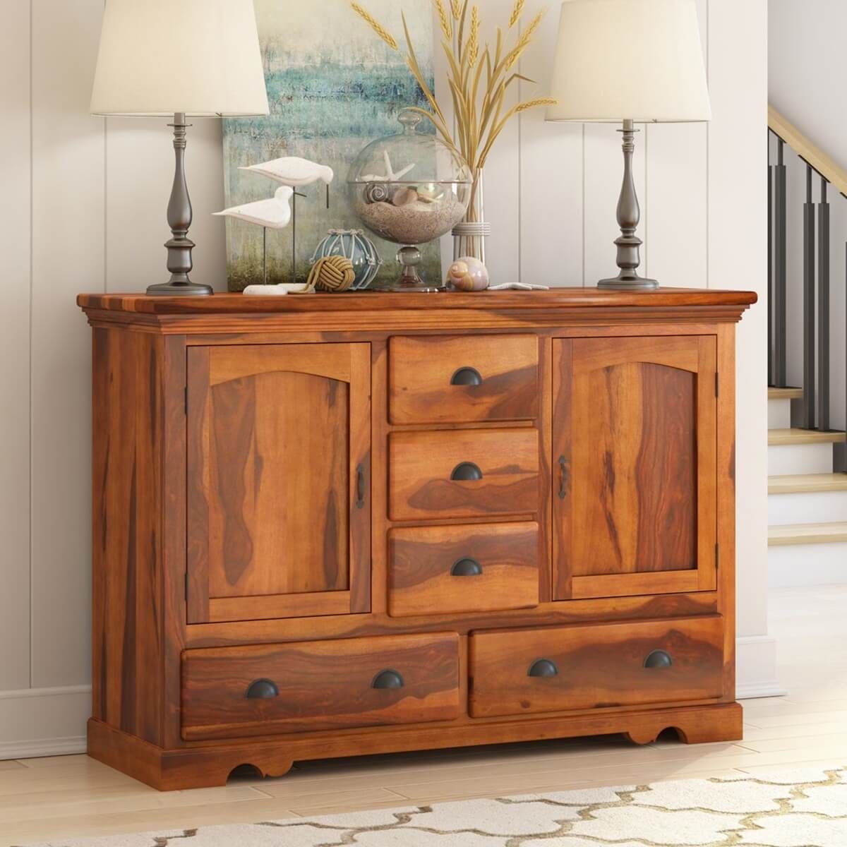 Burlington Rustic Solid Wood 5 Drawer Dining Large Within Orner Traditional Wood Sideboards (View 8 of 15)