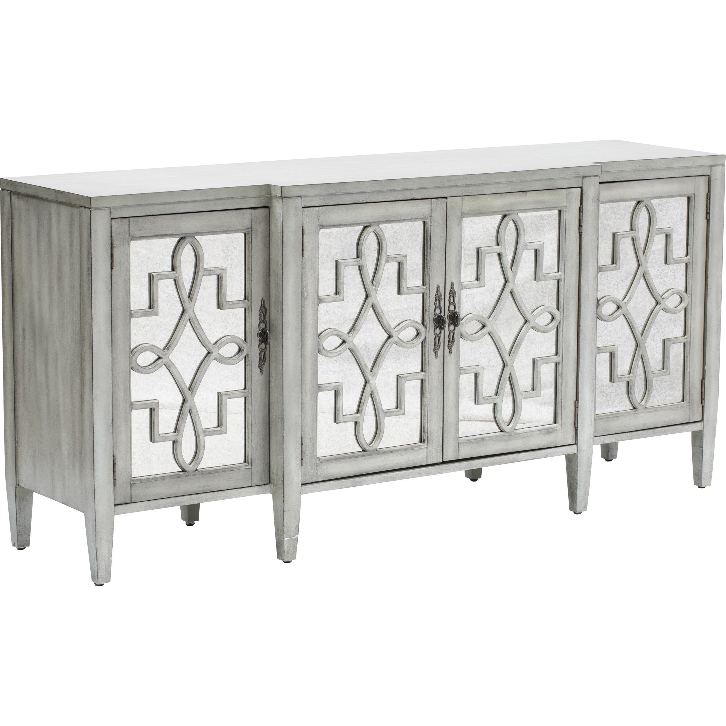 Credenza 4 Door Mirror Facing, Grey – Furniture – Storage Regarding Wood Accent Sideboards Buffet Serving Storage Cabinet With 4 Framed Glass Doors (View 3 of 15)