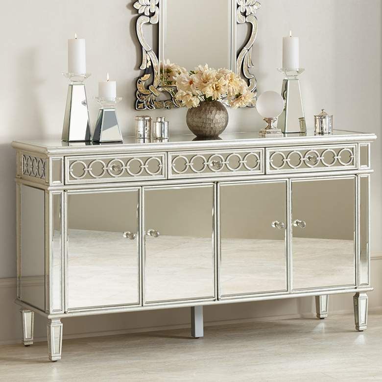 Elizabeth 60" Wide 4 Door Silver Mirrored Buffet Cabinet Throughout Pardeesville 55" Wide Buffet Tables (View 14 of 15)