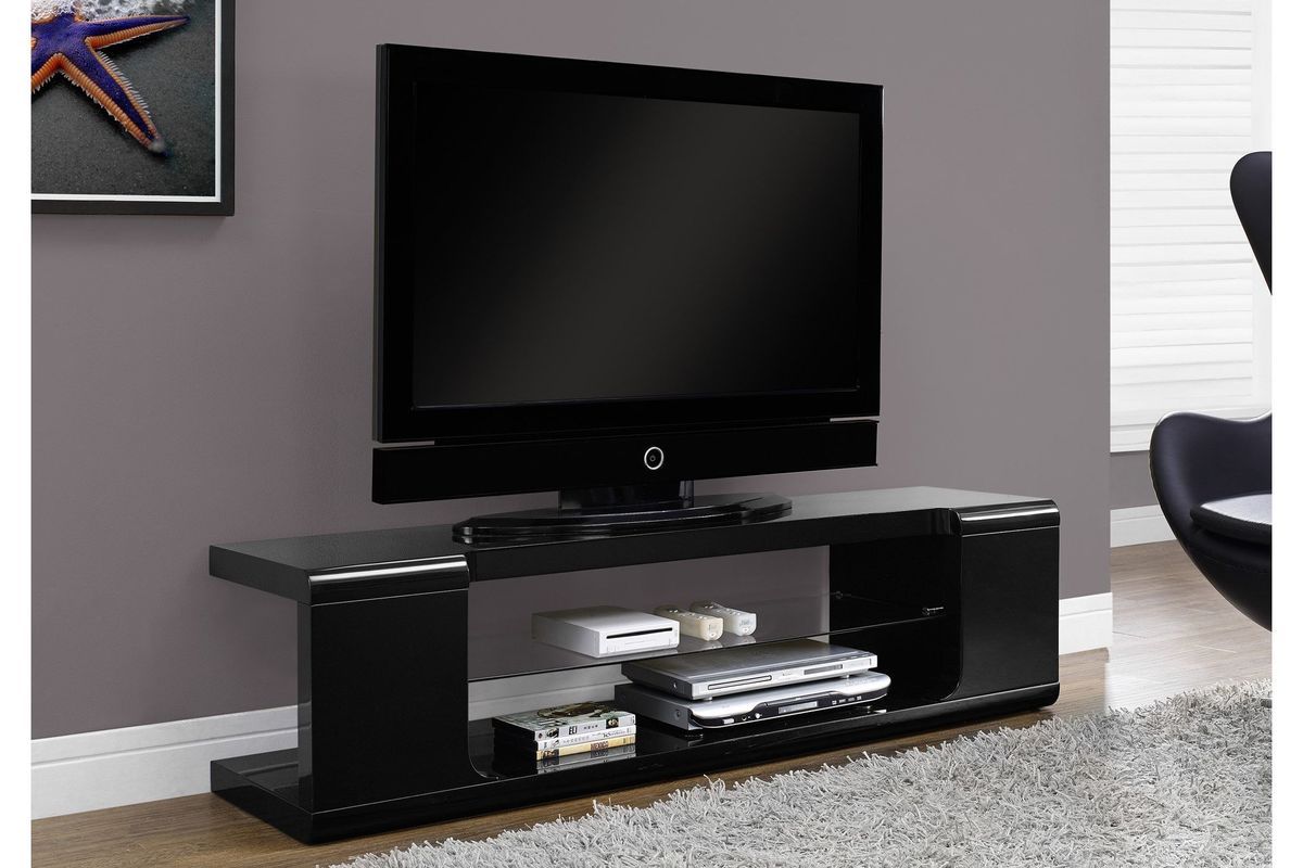Glossy Black 60" Tv Stand With Tempered Glassmonarch Intended For Khia Tv Stands For Tvs Up To 60&quot; (View 1 of 15)