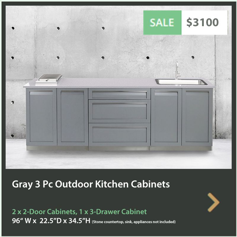 Gray 3 Pc Outdoor Kitchen Cabinets 2 X 2 Door Cabinet, 3 Inside 3 Drawer And 2 Door Cabinet With Metal Legs (View 3 of 15)