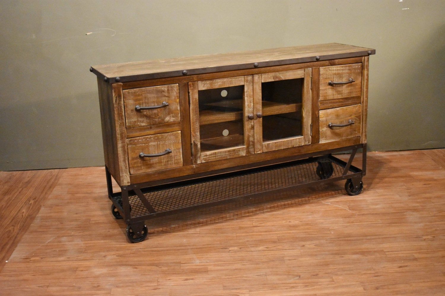 Industrial Rustic Reclaimed Wood 55 Inch Tv Stand / Media Throughout Pardeesville 55&quot; Wide Buffet Tables (View 4 of 15)