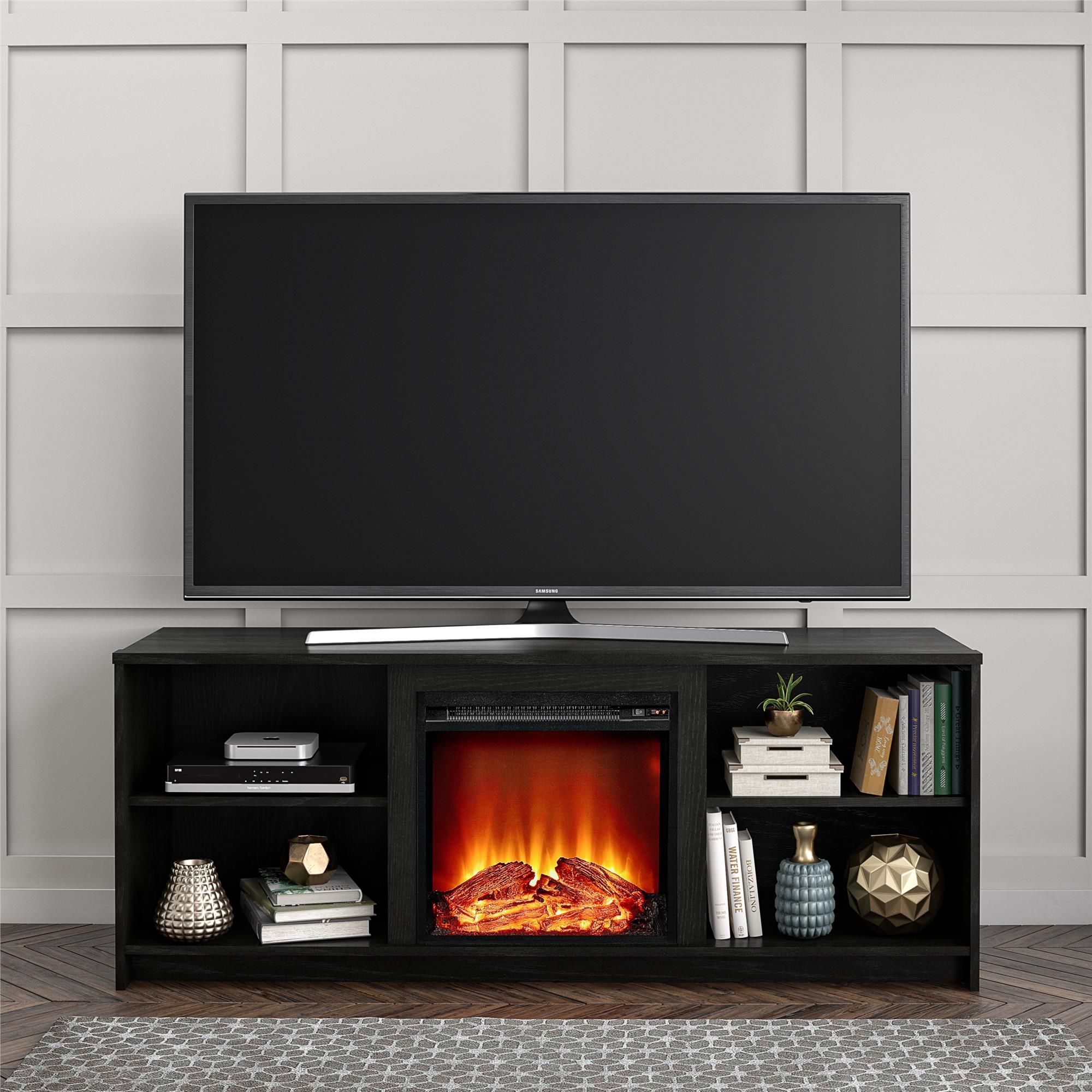 Mainstays Fireplace Tv Stand For Tvs Up To 65", Black Oak With Regard To Adrien Tv Stands For Tvs Up To 65" (View 8 of 15)