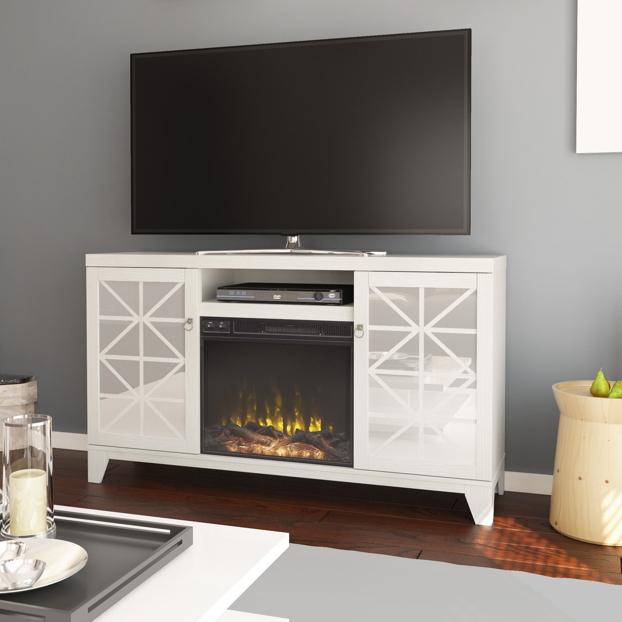 Mirrored Door Tv Stand With Electric Fireplace For Tvs Up Regarding Aaric Tv Stands For Tvs Up To 65&quot; (View 14 of 15)