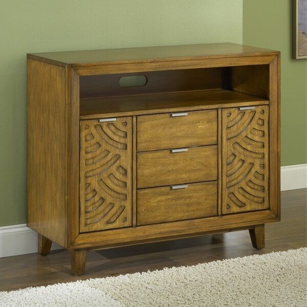Pecan Latticework 3 Drawer 2 Door Media Chest – 15055012 With Regard To Fahey 58" Wide 3 Drawer Acacia Wood Sideboards (View 7 of 15)