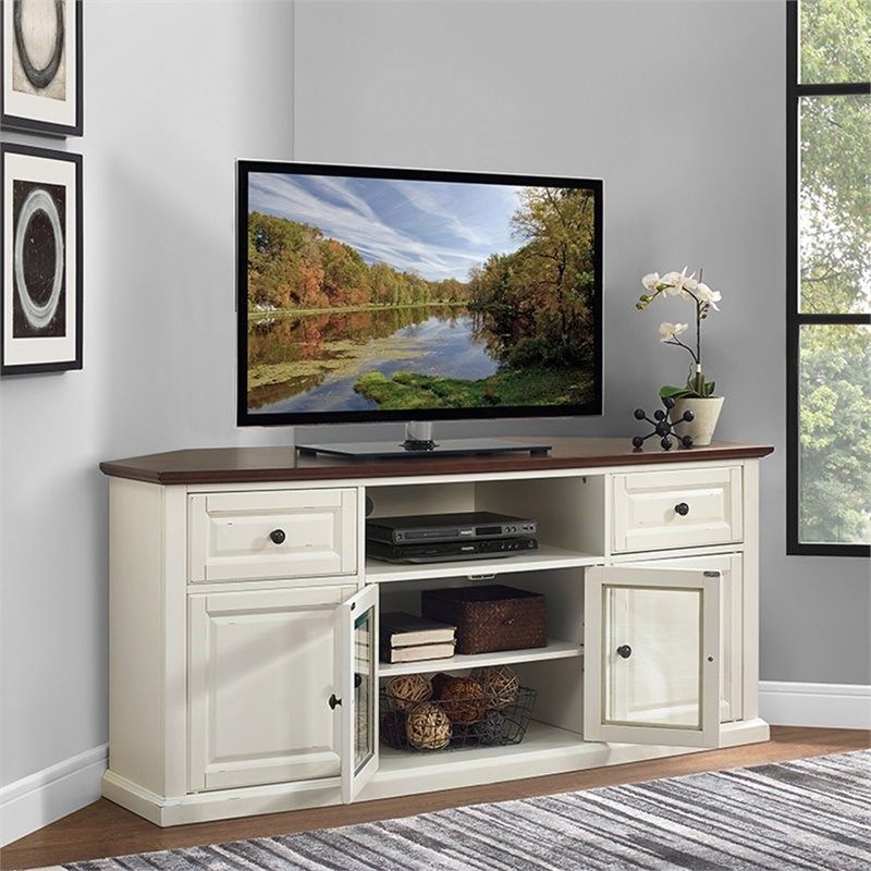 Pemberly Row 60" Corner Tv Stand In White And Mahogany In Khia Tv Stands For Tvs Up To 60" (View 4 of 15)