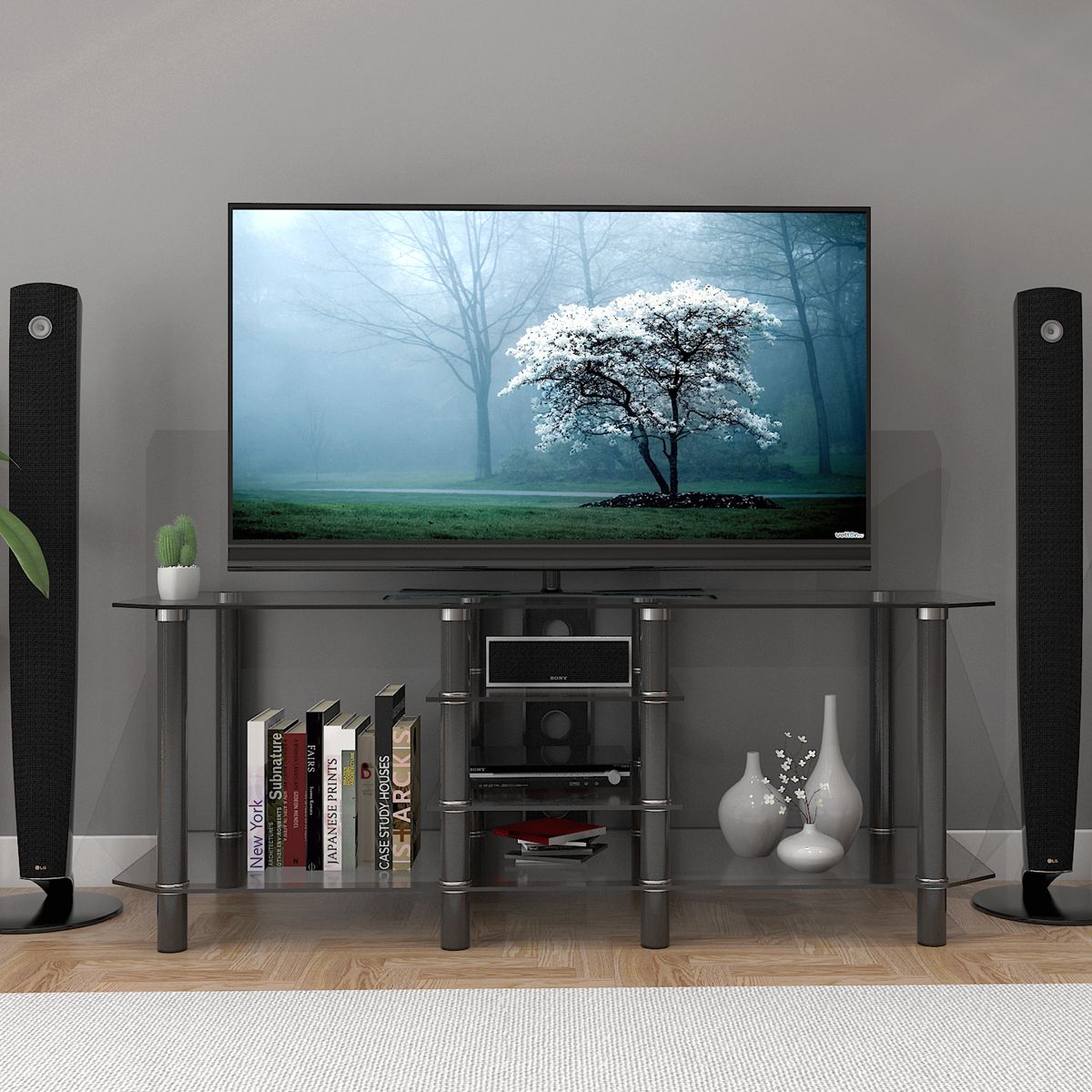 Salerno 60 Inch Glass Tv Stand In Black With Khia Tv Stands For Tvs Up To 60" (View 6 of 15)