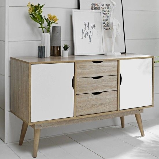 Scandi Oak Wooden Sideboard With 2 White Doors And 3 With  (View 12 of 15)
