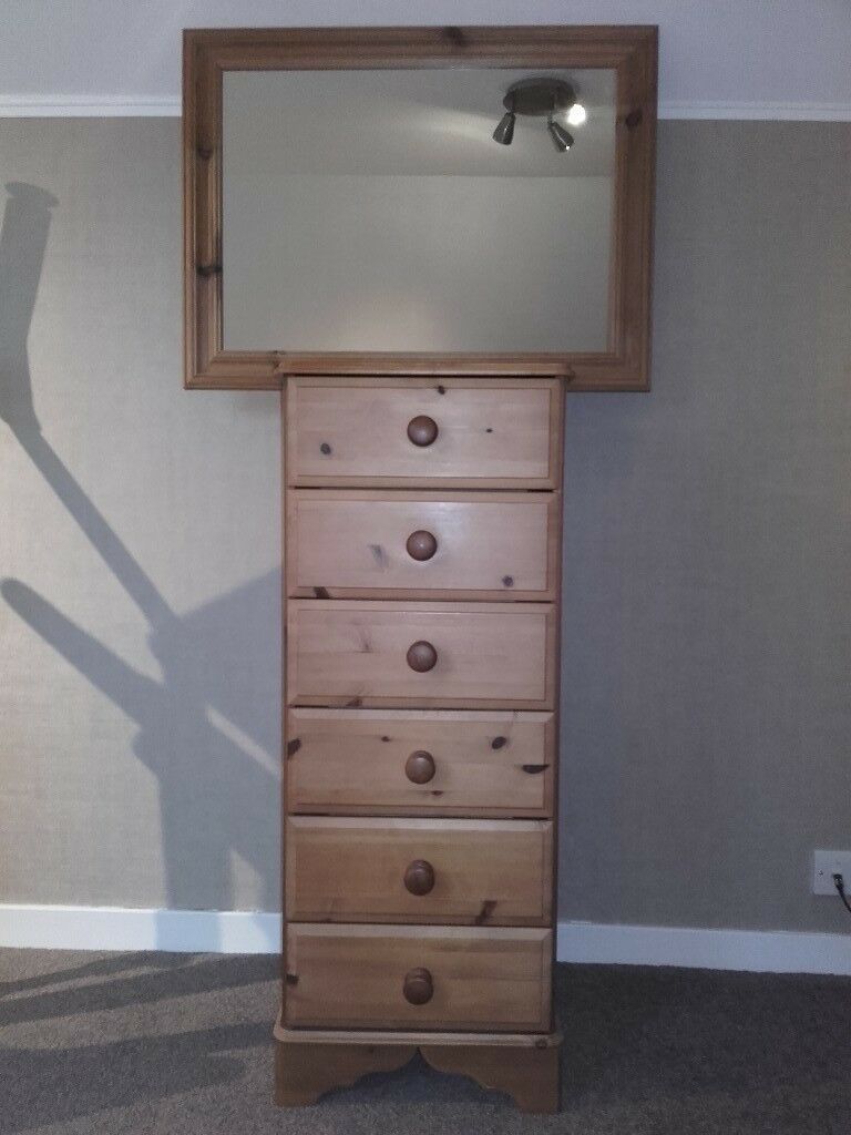 Solid Wood 6 Drawer Tall Boy With Solid Oak Walk Mirror Throughout Westhoff 70" Wide 6 Drawer Pine Wood Sideboards (View 7 of 15)