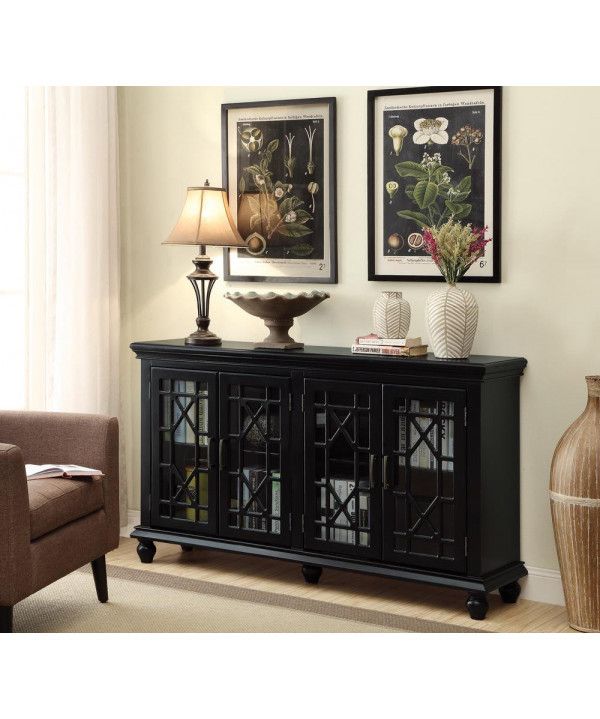 Traditional Black Accent Cabinet Intended For Wood Accent Sideboards Buffet Serving Storage Cabinet With 4 Framed Glass Doors (View 7 of 15)
