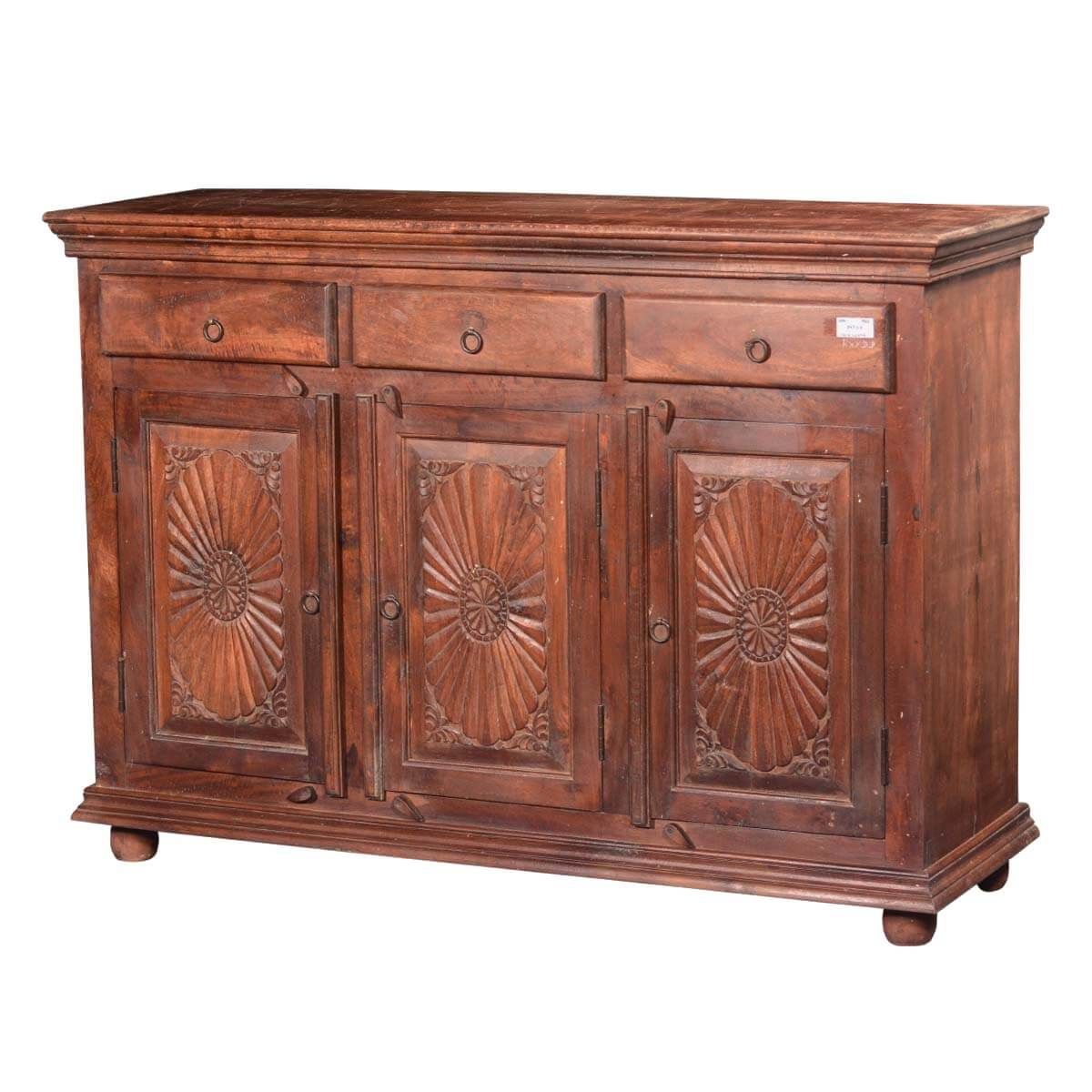Traditional Sunburst Reclaimed Wood 3 Drawer Sideboard Cabinet Intended For Orner Traditional Wood Sideboards (View 5 of 15)