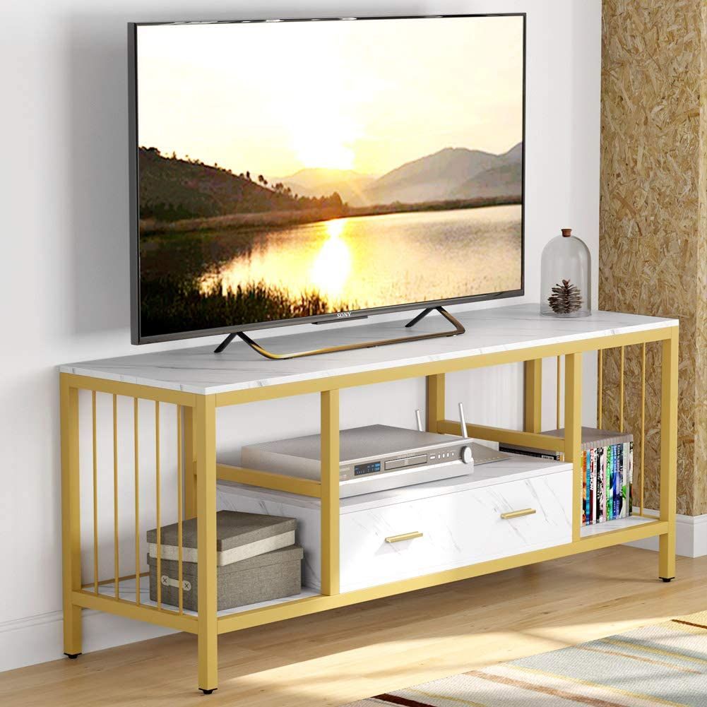Tribesigns 55" Tv Stand, Gold Faux Marble Veneer Tv Stand Inside Miah Tv Stands For Tvs Up To 60" (View 14 of 15)