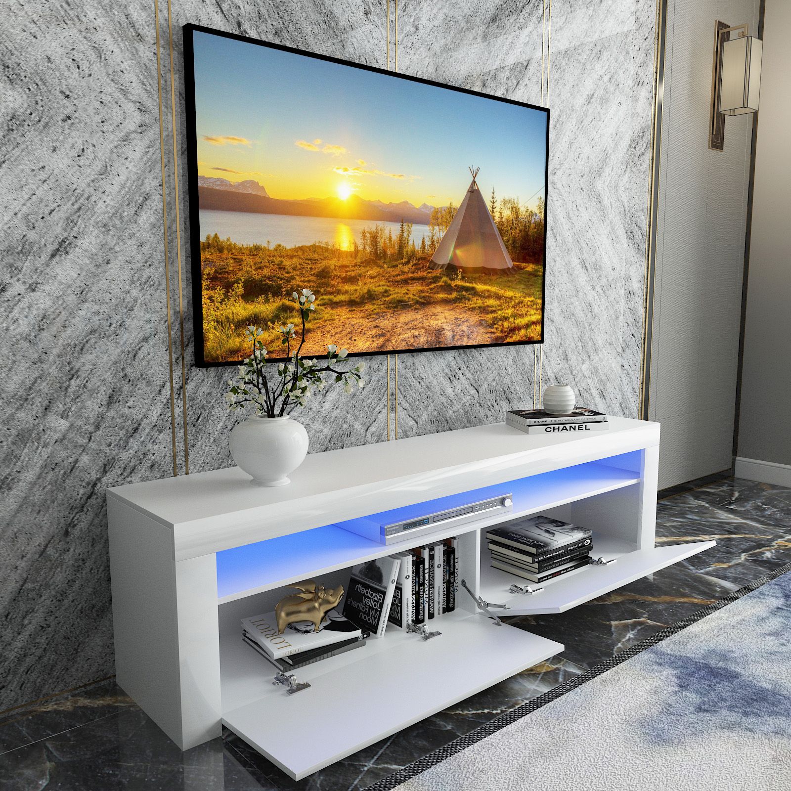 130 160cm White Modern Tv Stand Matt Cabinet Width High With Tv Stands With Led Lights (View 14 of 15)