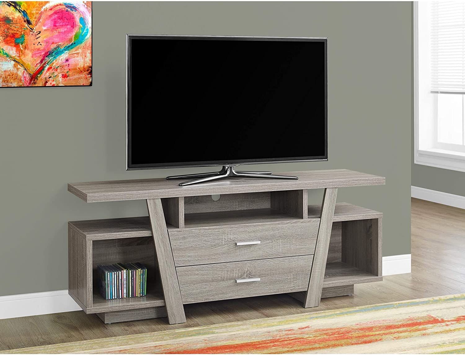 2 Drawer Dark Taupe 60 Inch Tv Stand Grey Modern With Contemporary Glass Tv Stands (View 2 of 15)