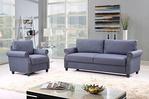 2 Piece Classic Linen Fabric Living Room Sofa And Armchair For 2pc Polyfiber Sectional Sofas With Nailhead Trims Gray (View 13 of 15)