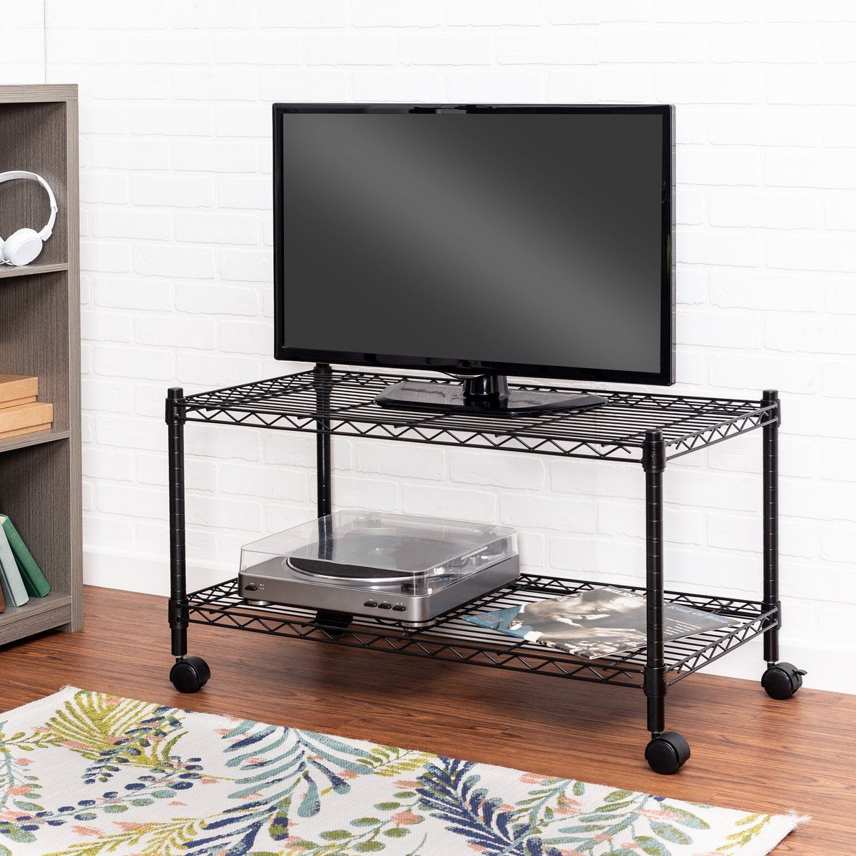 2 Tier Tv Stand And Media Cart, Black | Home Gathering Throughout Rolling Tv Stands With Wheels With Adjustable Metal Shelf (View 5 of 15)