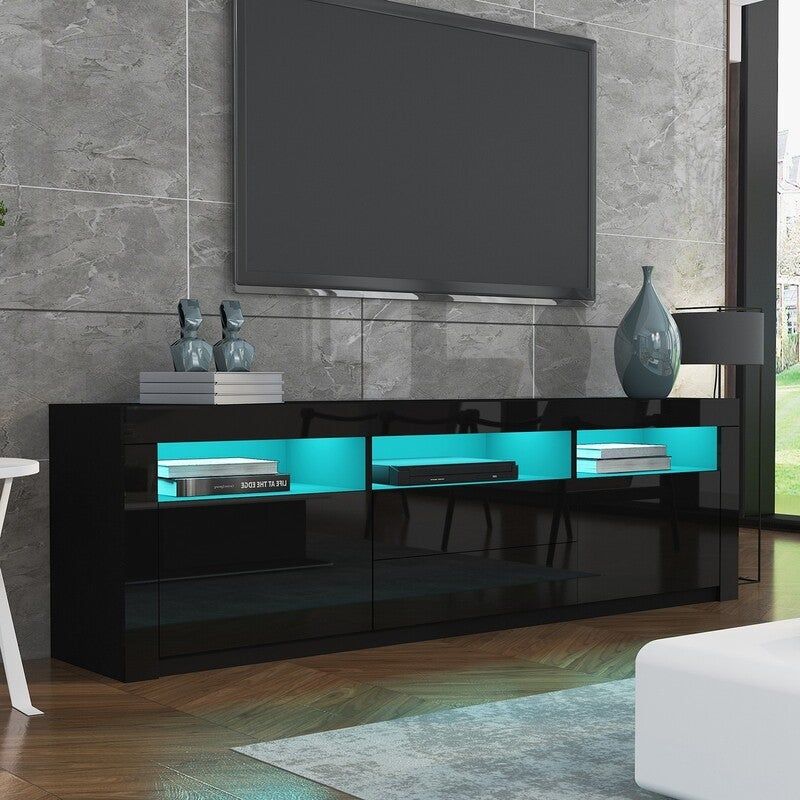 200cm Modern Wooden Tv Unit Side Cabinet Rgb Led High Regarding Tv Cabinets Black High Gloss (View 7 of 15)