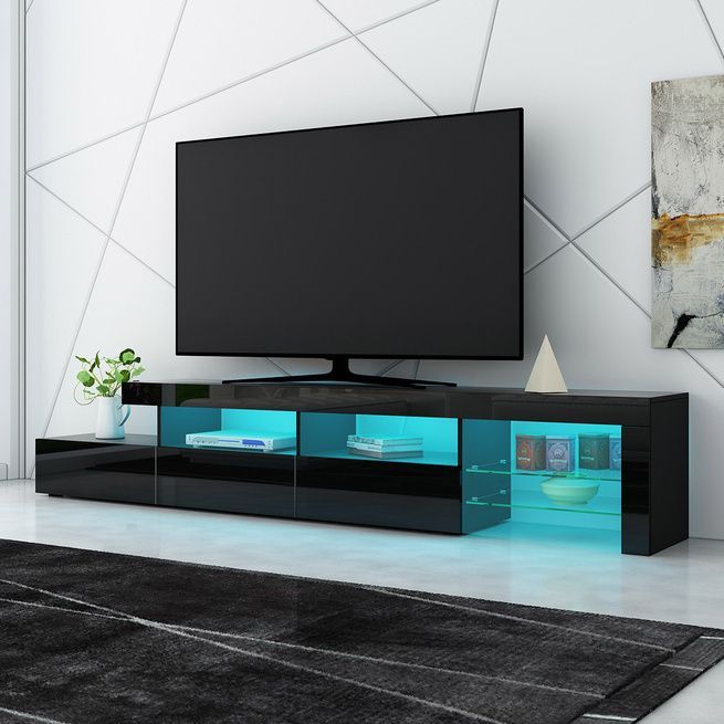 240cm Tv Cabinet Entertainment Unit High Gloss Wooden 3 Intended For Ktaxon Modern High Gloss Tv Stands With Led Drawer And Shelves (View 12 of 15)