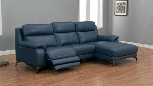 2pc Modern Blue Top Grain Cow Hide Power Recliner Sofa With Bloutop Upholstered Sectional Sofas (View 3 of 15)