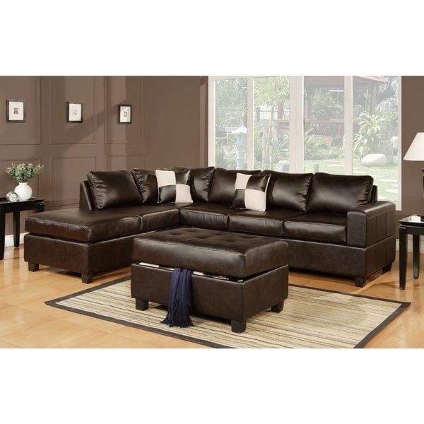3 Piece Modern Brown Bonded Leather Reversible Sectional Throughout 3pc Faux Leather Sectional Sofas Brown (View 7 of 15)