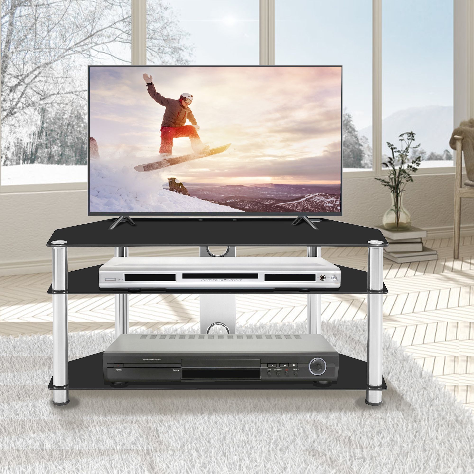 3 Tier Floor Modern Tv Stand For Most 26 42inch Tvs Within Contemporary Black Tv Stands Corner Glass Shelf (View 13 of 15)
