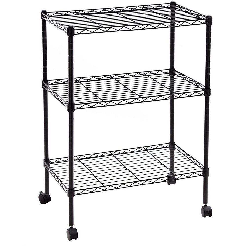 34x24x14" 3 Tier Layer Shelf Adjustable Wire Metal Throughout Rolling Tv Stands With Wheels With Adjustable Metal Shelf (Photo 11 of 15)
