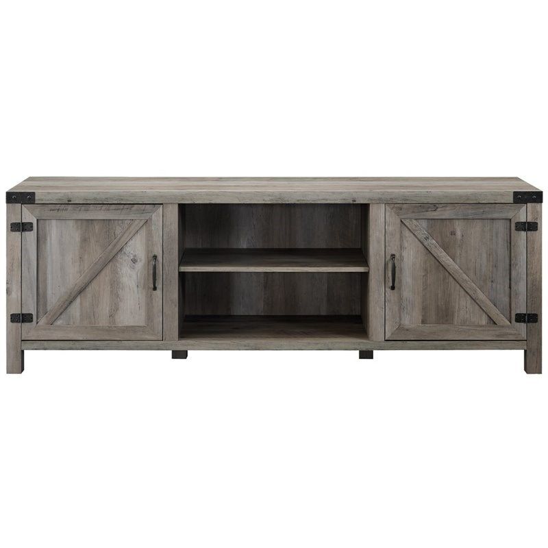 4 Piece Barn Door Tv Stand Coffee Table And 2 End Table With Modern Farmhouse Fireplace Credenza Tv Stands Rustic Gray Finish (View 8 of 15)