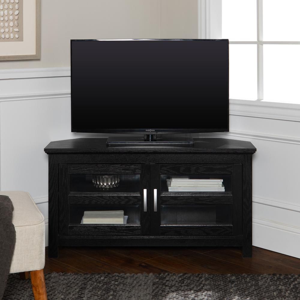 44" Black Wood Corner Tv Stand Console Regarding Dark Wood Corner Tv Cabinets (View 7 of 15)