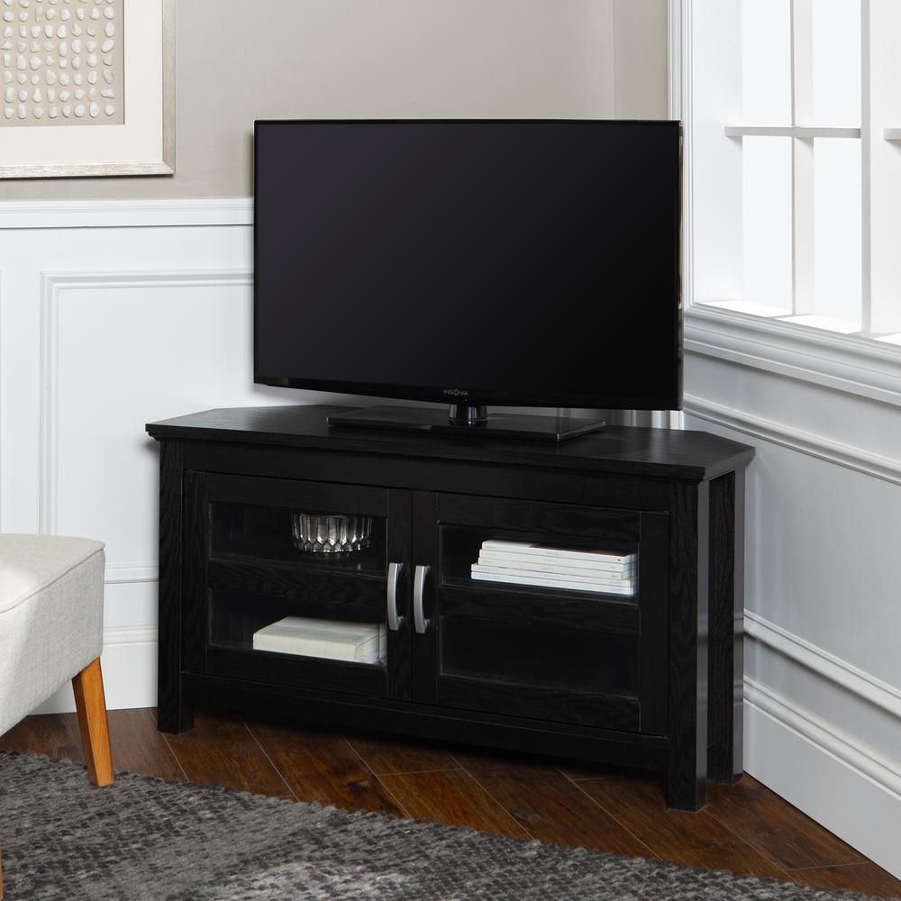 44" Black Wood Corner Tv Stand Console With Dark Wood Corner Tv Cabinets (View 2 of 15)