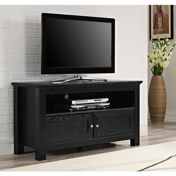 44 In. Black Wood Tv Stand – Free Shipping Today Intended For Tall Black Tv Cabinets (Photo 12 of 15)